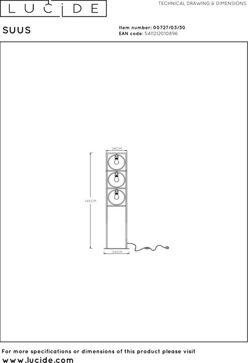 Image du produit Lucide SUUS - Lampadaire - 3xE27 - Noir 00727/03/30 (E27)