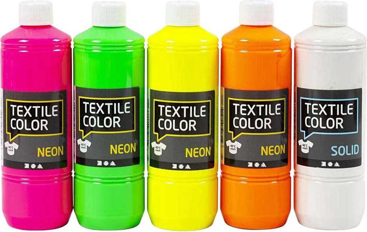 Actual product image Creativ Company Textile dye Semi-opaque textile dye, 5x500ml (Neon green, Neon pink, Neon orange, Neon yellow, Top white, 500 ml)