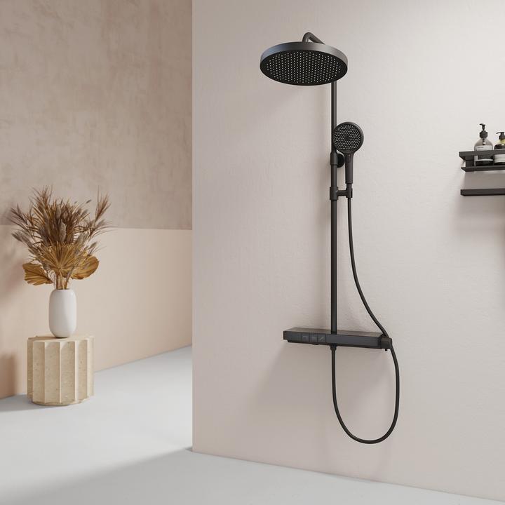 Actual product image Emke Thermostatic Shower System with Overhead Rain Shower, Hand Shower, and Lower Outlet, Black