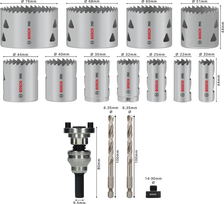 Produktbild Bosch Professional Zubehör PRO Multi Material Lochsäge Q-Lock Halter-Set, 15-tlg. (20 mm, 22 mm, 25 mm, 32 mm, 35 mm, 40 mm, 44 mm, 51 mm, 60 mm, 68 mm, 76 mm)
