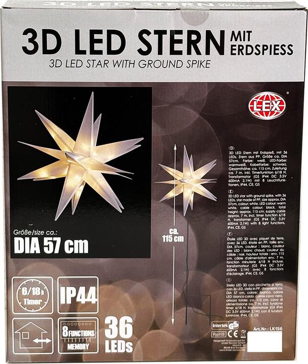 Produktbild Mojawo 3D LED Stern mit Erdspiess Weihnachtsstern IP44 Weiss DIA 57cm H115cm