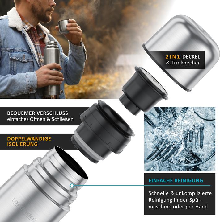 Produktbild Arendo Thermobecher 0,5l Edelstahl, doppelwandig isoliert, auslaufsicher, vakuumisoliert, 12h/24h warm/kalt (0.50 l)