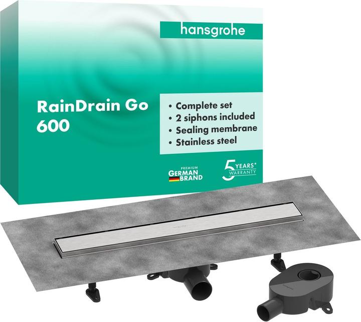 Produktbild hansgrohe RainDrain Go kit complet caniveau de douche 600, écoulement à larrière, pour installation (600 mm)