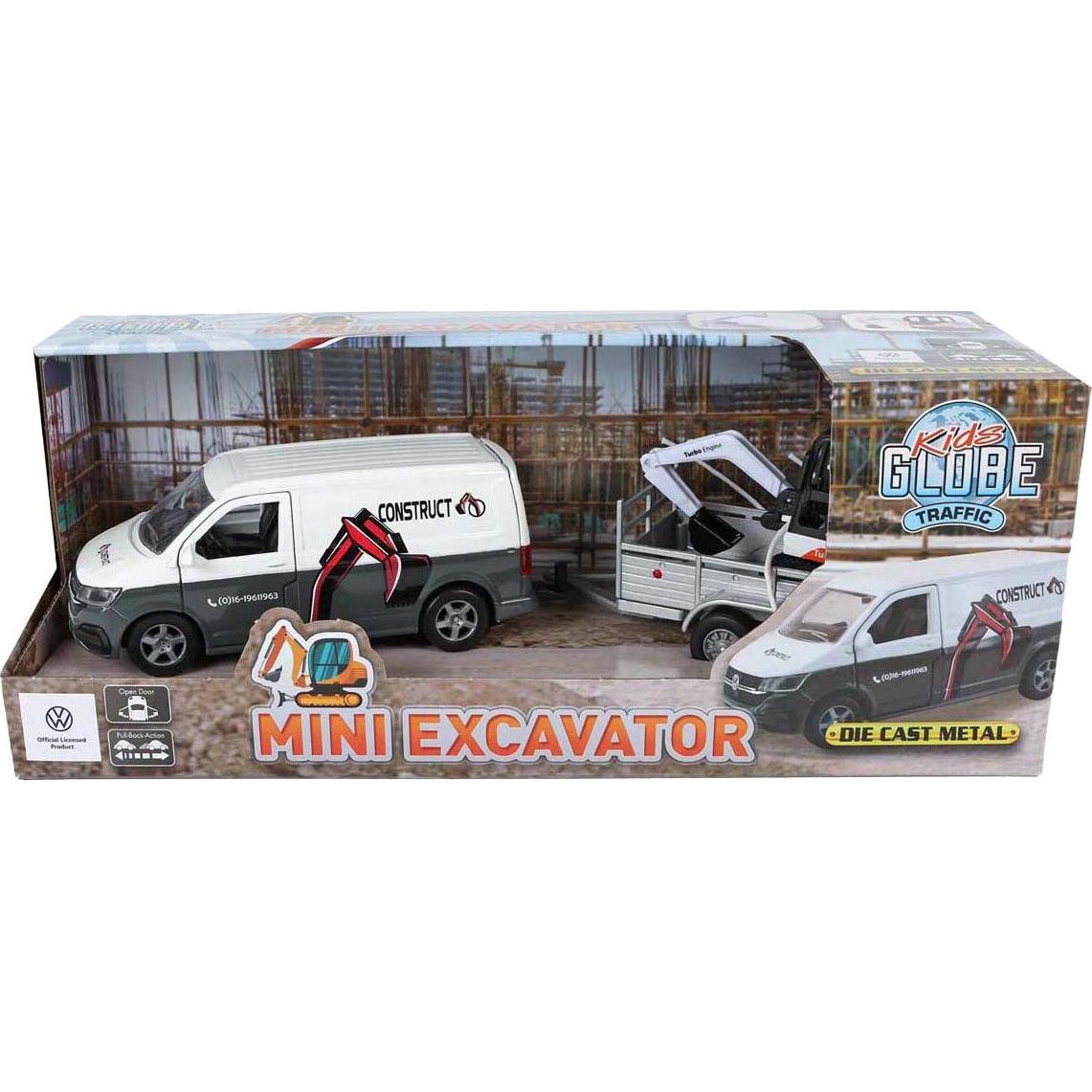 Magni Die Cast Modellauto VW Transporter mit Minibagger weiss/grau 27cm Pull Back