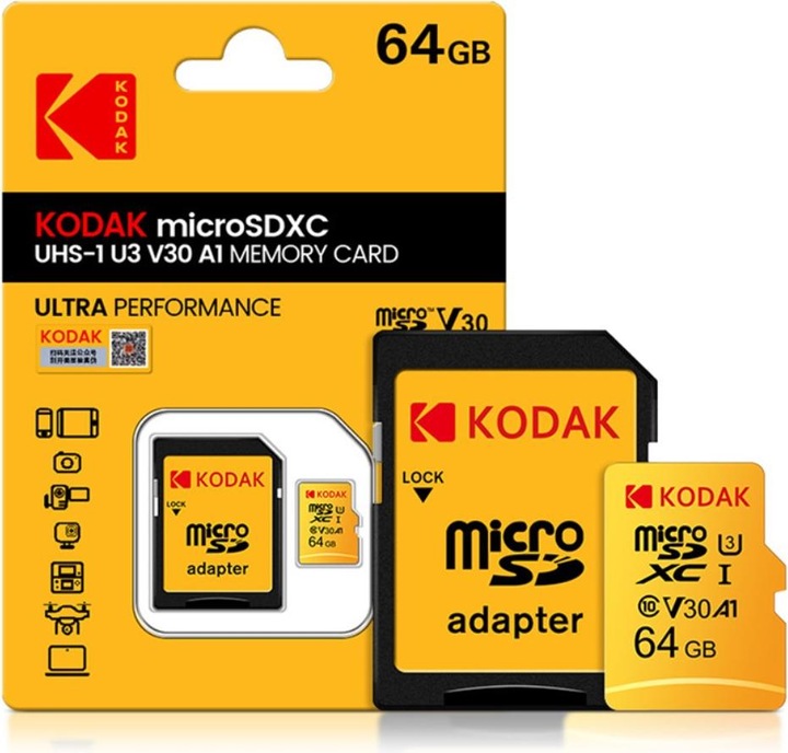 Actual product image Kodak mSD 64GB UHS-I U3/V30/A1 w/a (64 GB, microSD, U3, UHS-I)
