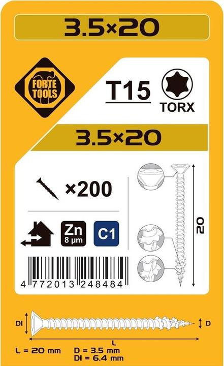 Productafbeelding Forte tools SPAANPLAAT SCR T15 3,5X20 WIT ZN(200) (200 Schroeven per stuk)