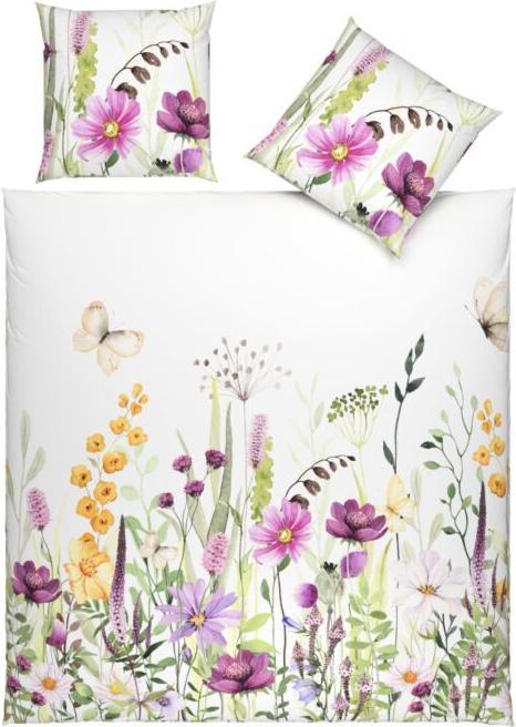 em-es-te Linge de lit avec fleurs des champs et papillon, blanc (Housse de couette, 160 x 210 cm)