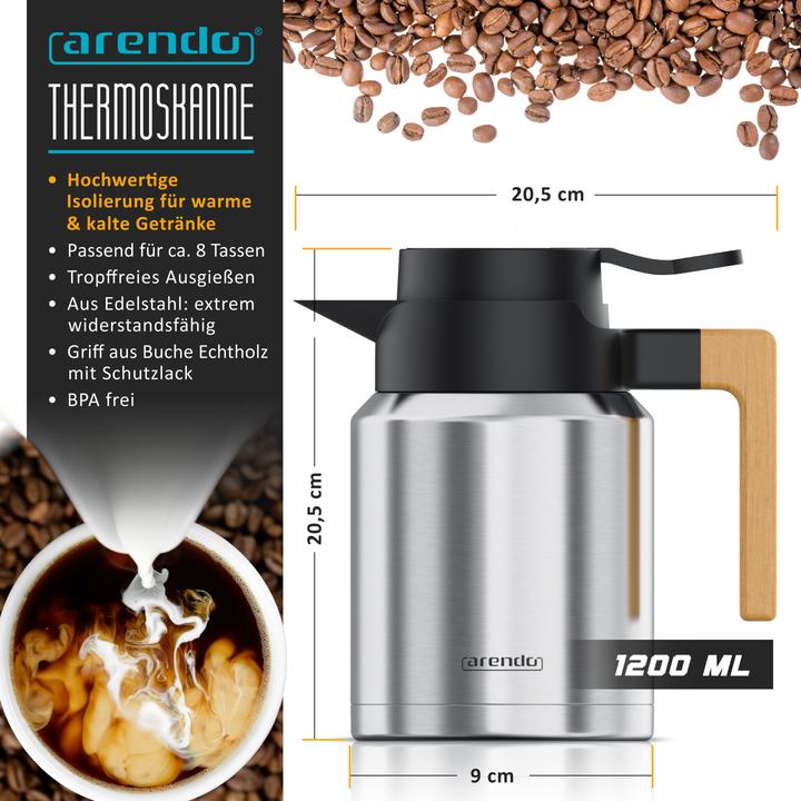 Immagine prodotto Arendo Isolierkanne 1,2 L, Thermoskanne Edelstahl mit Holzgriff, doppelwandig, auslaufsicher, 1200 ml (1.20 l)