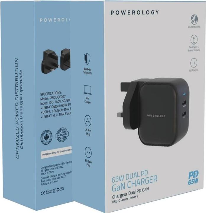 Produktbild Powerology Dual Port PD GaN Wall Charger 65W (65 W, 2 Ports)