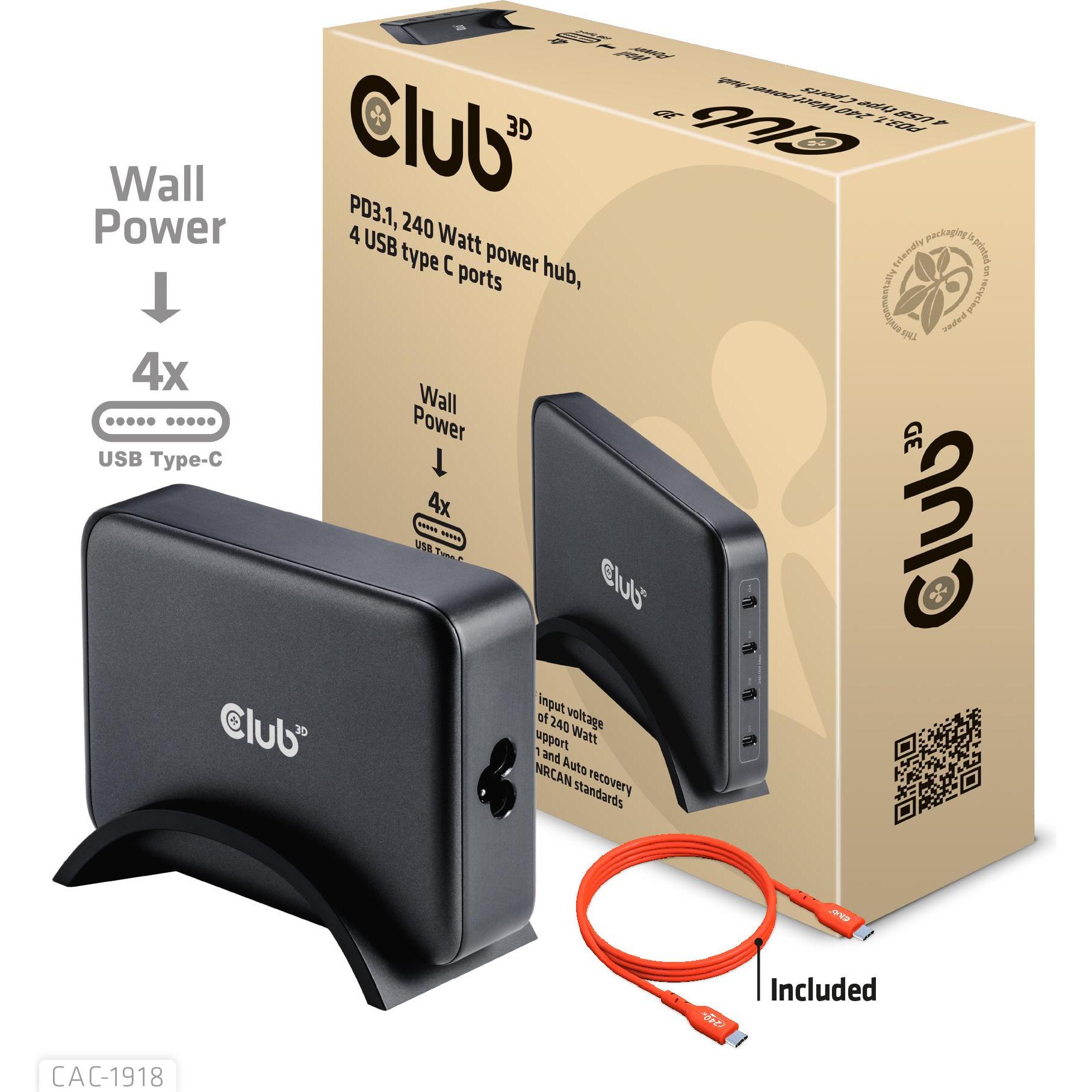 Thumbnail - Club 3D Club3D Reiseladegerät 4xUSB Typ C PD 240W retail (240 W), USB Ladegerät, Schwarz