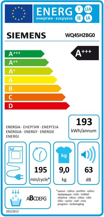 Etichetta energetica Siemens WQ45H2BG0 Asciugatrice(BC) Dati mancanti - saranno forniti in seguito (9 kg)