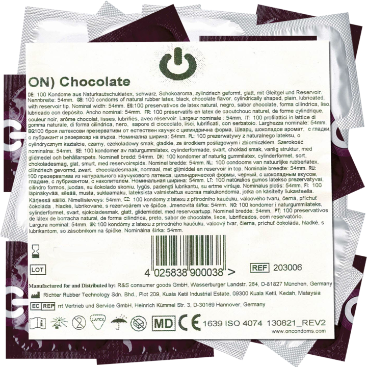 Actual product image ON) Chocolate" 100 black condoms with chocolate flavour, maxipack (100 pcs.)
