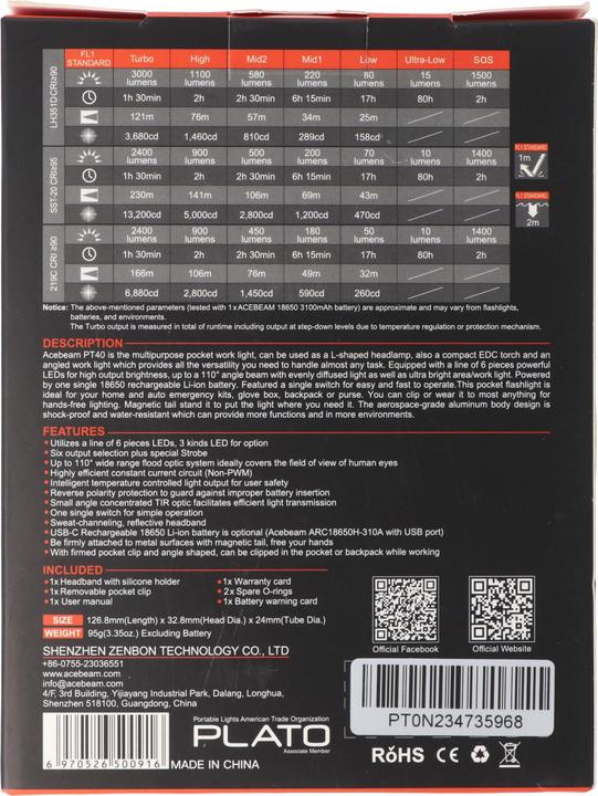 Produktbild AceBeam PT40 Stirnlampe, Samsung LH351D LED (3000 lm)