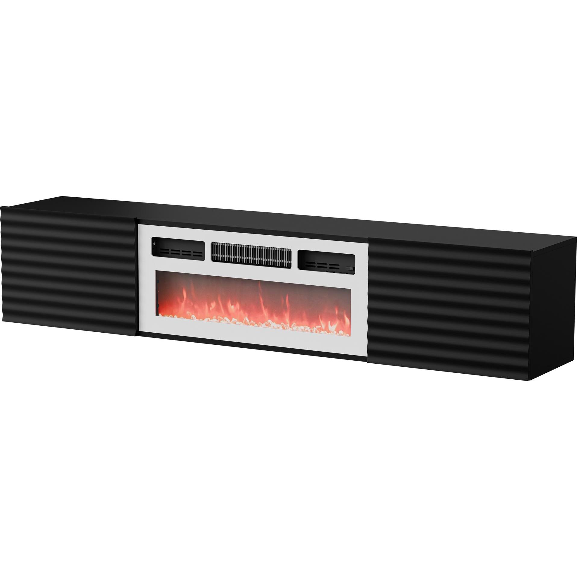 Cama, TV Möbel, RTV Schrank TULA 183x35x37 schwarz matt + weisser Kamin (183 x 35 x 37 cm)