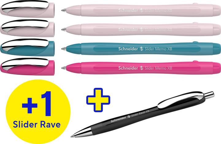Actual product image Schneider AKTION: Kugelschreiber Slider Memo farbsortiert, Schreibfarbe: blau, 4 St. + GRATIS Schnei (Black, Perle, Pink, Teal, 5x)