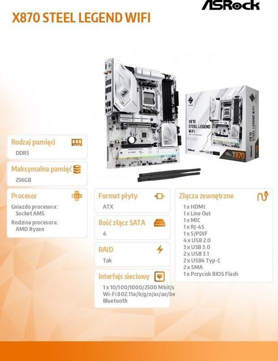 Immagine prodotto AsRock X870 Steel Legend WiFi AM5 (AM5, AMD X870, ATX)