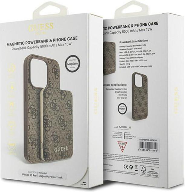 Image du produit Guess Zestaw GUBPM5P15L4GEMGW iPhone 15 Pro 6.1" hardcase + Powerbank 5000mAh MagSafe brązowy/brown (Apple iPhone 15 Pro)