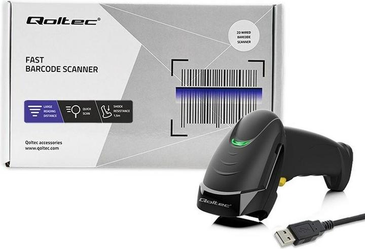 Immagine prodotto Qoltec Laserowy czytnik kodów kreskowych 1D | 2D | czarny (Codice QR, Codici a barre 1D, Codici a barre 2D)