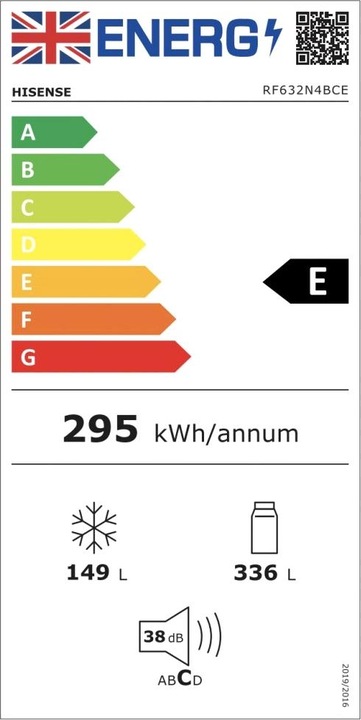 Energy Label Hisense RF632N4BCE Side-by-side Refrigerator Free Installation 485 L E Stainless Steel (485 l)