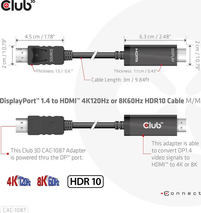 Produktbild Club 3D HDMI (Typ A) — DisplayPort (3 m)