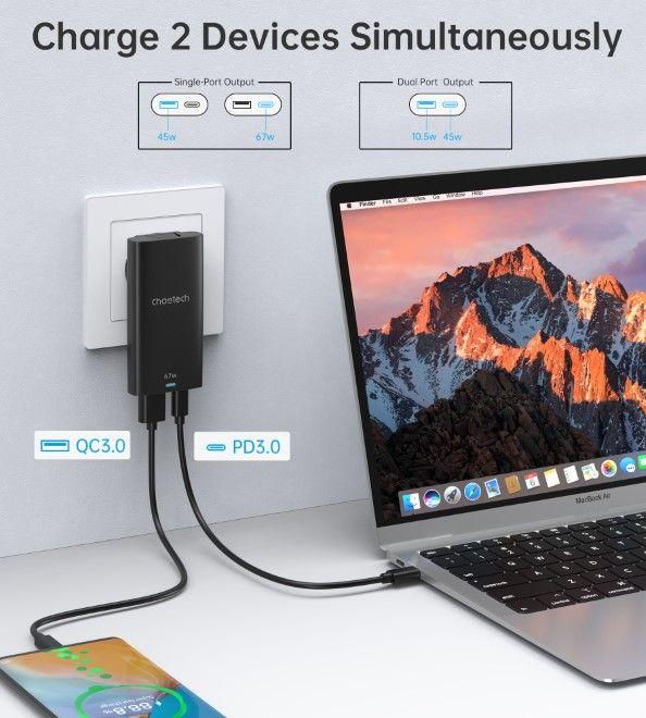 Image du produit Choetech Chargeur rapide USB-C et USB-A GaN (65 W, 2 ports)