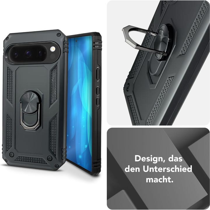 Produktbild Nalia RingDefend - Schwarze Panzerhülle mit 360-Grad Finger-Halter & Ständer - Military Style Cover (Google Pixel 9 Pro XL)