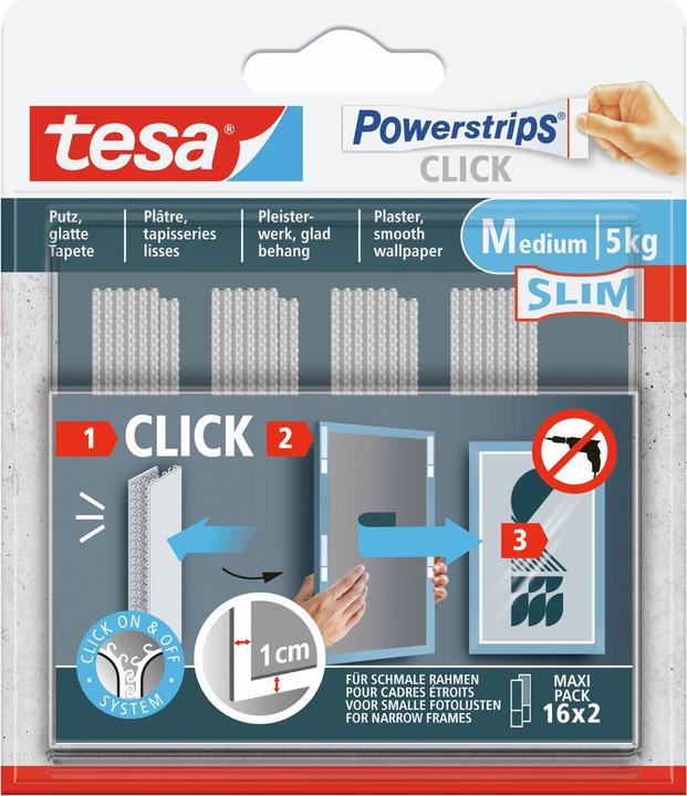Image du produit tesa Powerstrips CLICK - Klett-Klebepads - Bilder aufhängen ohne Bohren - Slim - 16x 2 Stück (120 mm, 5 kg)