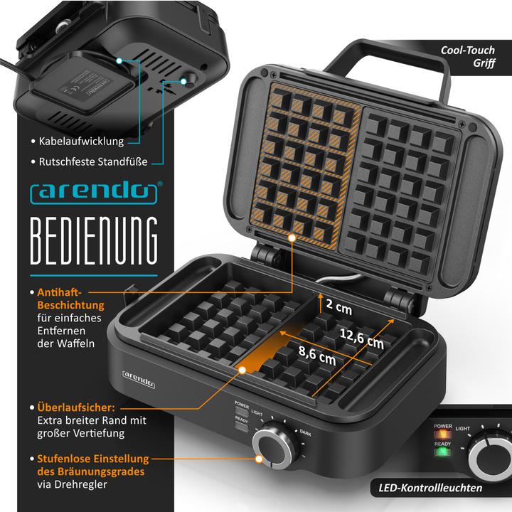 Produktbild Arendo Waffeleisen, Waffelautomat, 2 Waffeln à 12,6 cm, 1200 W, Antihaftbeschichtung, Belgische Waffeln