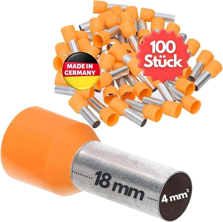 Kalitec 100 Stück AE418OR Aderendhülsen isoliert 4,0mm² 18mm lang orange I Made in Germany I Industr