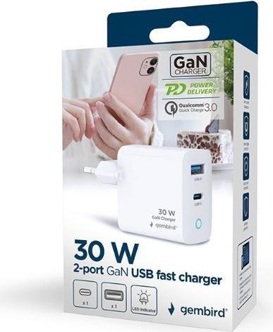 Actual product image Gembird 2-port 30W GaN USB fast charger, LED, white (30 W, 2 ports)