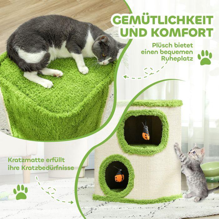 Produktbild Swisshandel24 Kratztonne, 52 cm hoch Katzentonne mit 2 Höhle, Kratzbaum für Katze bis 5 kg (52 cm, Grün+Cremeweiss)
