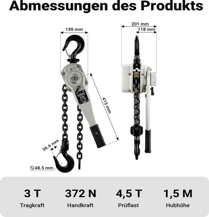 Produktbild Wiltec Hebelzug 3t x 1,5m Hebezeug 360° Griff Kettenzug Flaschenzug Tragmittel
