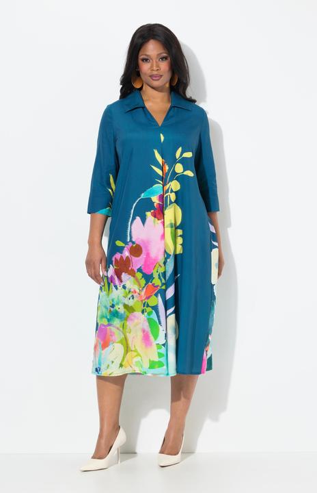 Immagine prodotto Ulla Popken Abito midi dal taglio svasato con fiori, colletto da camicia e maniche a 3/4 (58)