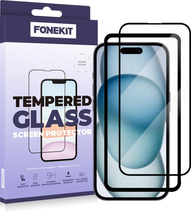 Produktbild FoneKit Full Cover -panssarilasi, iPhone 15 (1 Stk., Apple iPhone 15)