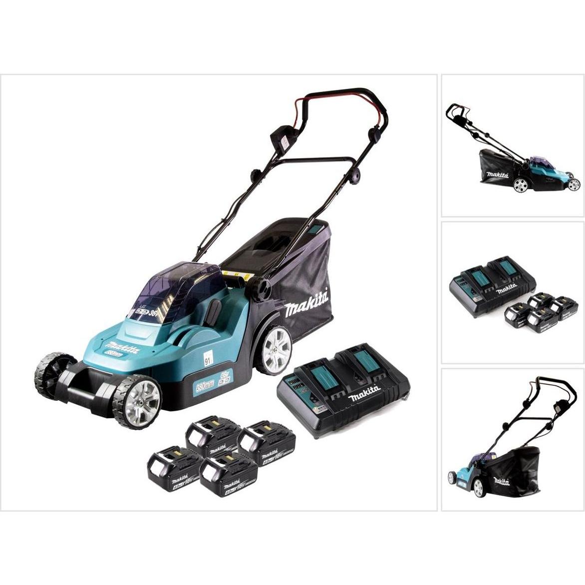 Makita, Rasenmäher, DLM 382 PM4 Akku Rasenmäher 36 V ( 2x 18 V ) 38 cm 40 l + 4x Akku 4,0 Ah + Doppelladegerät (Akkubetr...