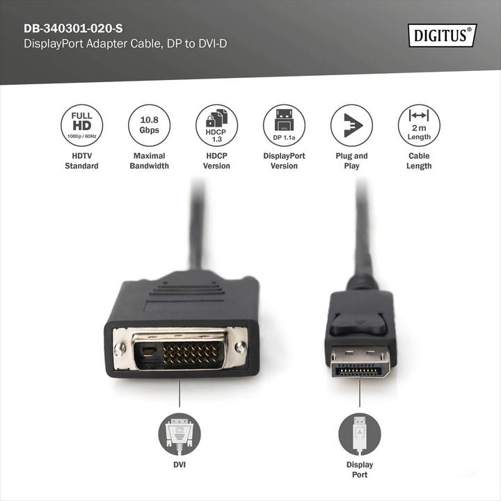 Immagine prodotto Digitus DisplayPort — DVI (2 m, DisplayPort, DVI, 1.1)