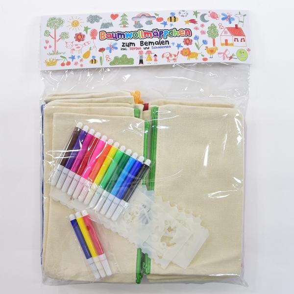 Image du produit Kögler Baumwollmäppchen zum Bemalen, Set mit 15 Mäppchen, 15 Stiften und 5 Schablonen, 20x12x0,5cm