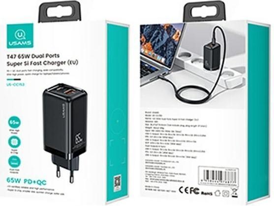 Actual product image Usams Ład. siec. 1xUSB-C+1xUSB T47 65W PD Fast Charging Super Si czarny/black CC153TC01 (US-CC153) (65 W)