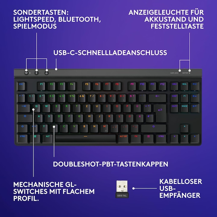 Produktbild Logitech G515 Lightspeed TKL (DE, Kabellos, Kabelgebunden)