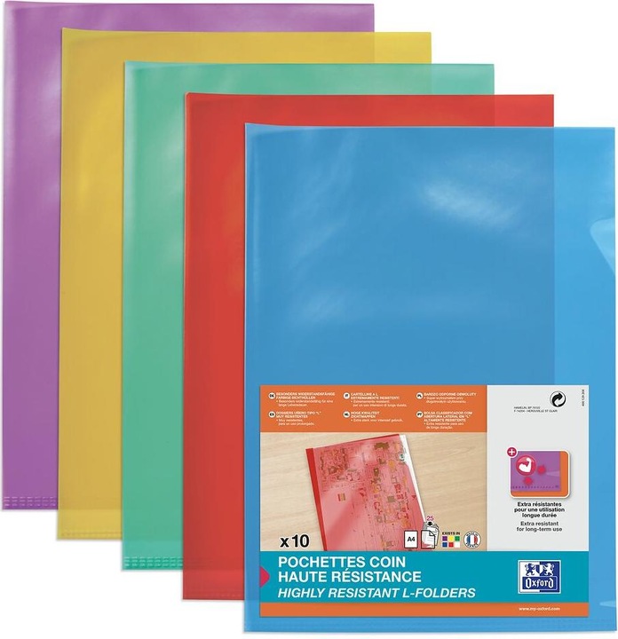 Image du produit Elba Pochettes transparentes, DIN A4, en PVC, 0,15 mm, couleurs assorties : bleu, jaune, rouge, violet (A4, 10 x)