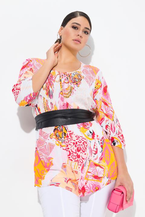 Produktbild Ulla Popken Smok-Bluse, Patchdruck, A-Linie, Rundhals, 3/4-Arm (58)
