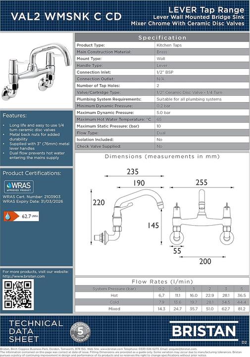 Image du produit Bristan Robinet de lavabo monté sur colonne avec cartouches céramiques et garantie