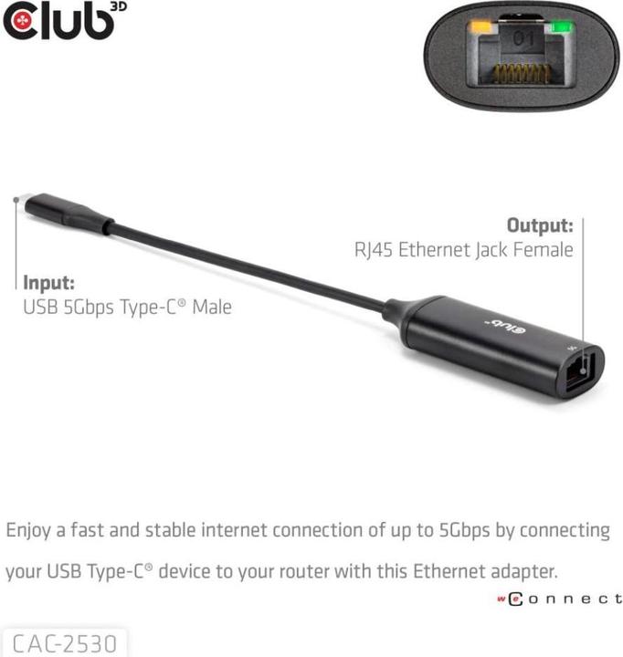 Produktbild Club 3D Club3D Adapter USB-C > RJ45 5Gbps St/Bu retail (USB-C, RJ45 (1x))