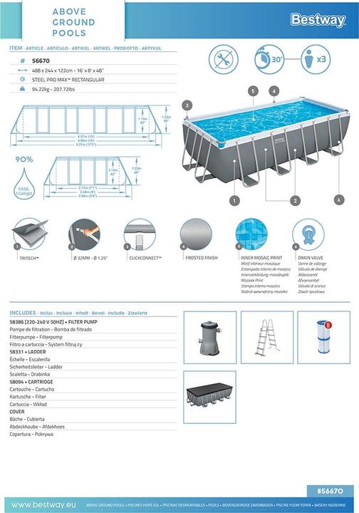 Produktbild Bestway Steel Pro MAX Frame Pool Komplet t-Set mit Filterpumpe 488 x 244 x 122 cm (488 x 244 x 122 cm)