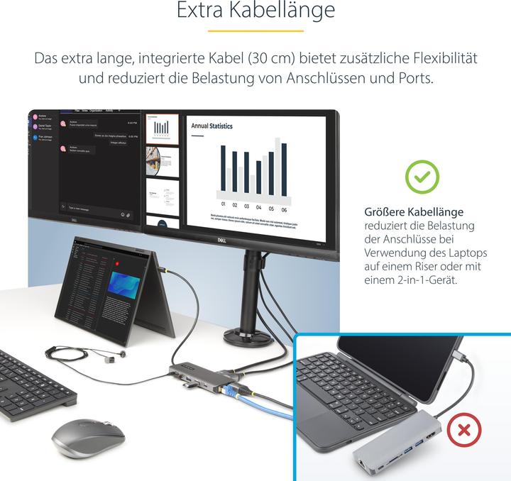 Produktbild StarTech COM Drei Monitor USB-C Multiport Adapter 2x 4K 60Hz + 4K 30Hz HDMI & DP 4x USB-A 100W GbE L (USB-C, 3 Ports)