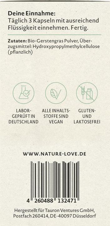 Nutritional values and ingredients Nature Love Organic barley grass (90 Piece, Capsules, 55 g)