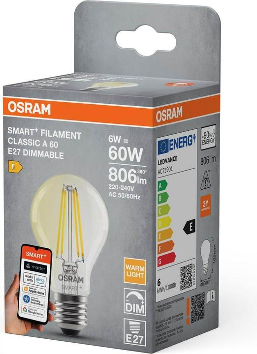 Produktbild Osram SMART+ MATTER FILAMENT CLASSIC shapes DIMMABLE 6W 827 FILAMENT DIM E27 (E27, 806 lm, 4x)