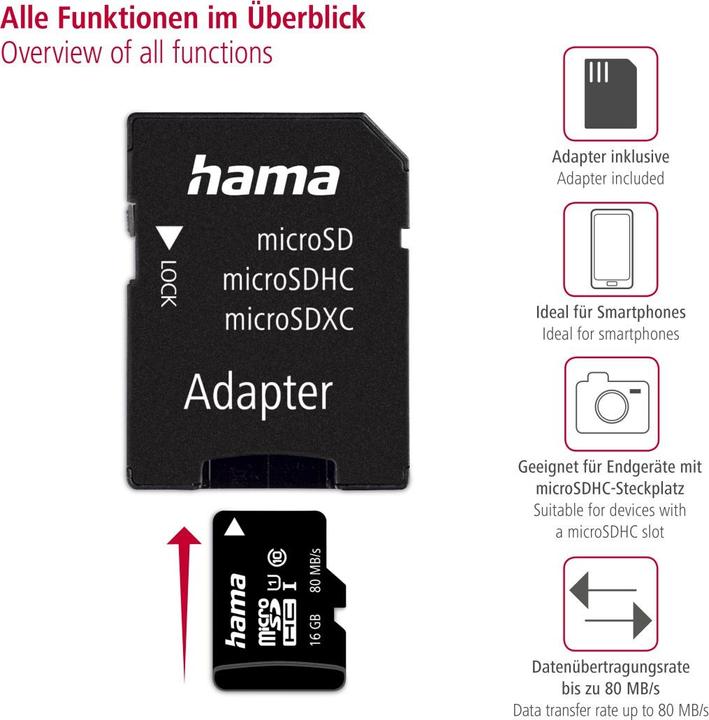 Produktbild Hama microSDHC 16GB +Adapter/Mobile (16 GB, microSDHC, U1, UHS-I)