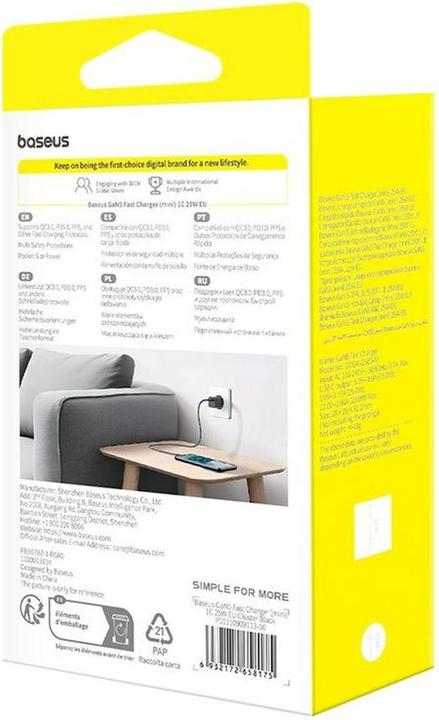 Actual product image Baseus Fast Charger GaN5 mini 1C, 25W + cable (black) (25 W, 1 portion)