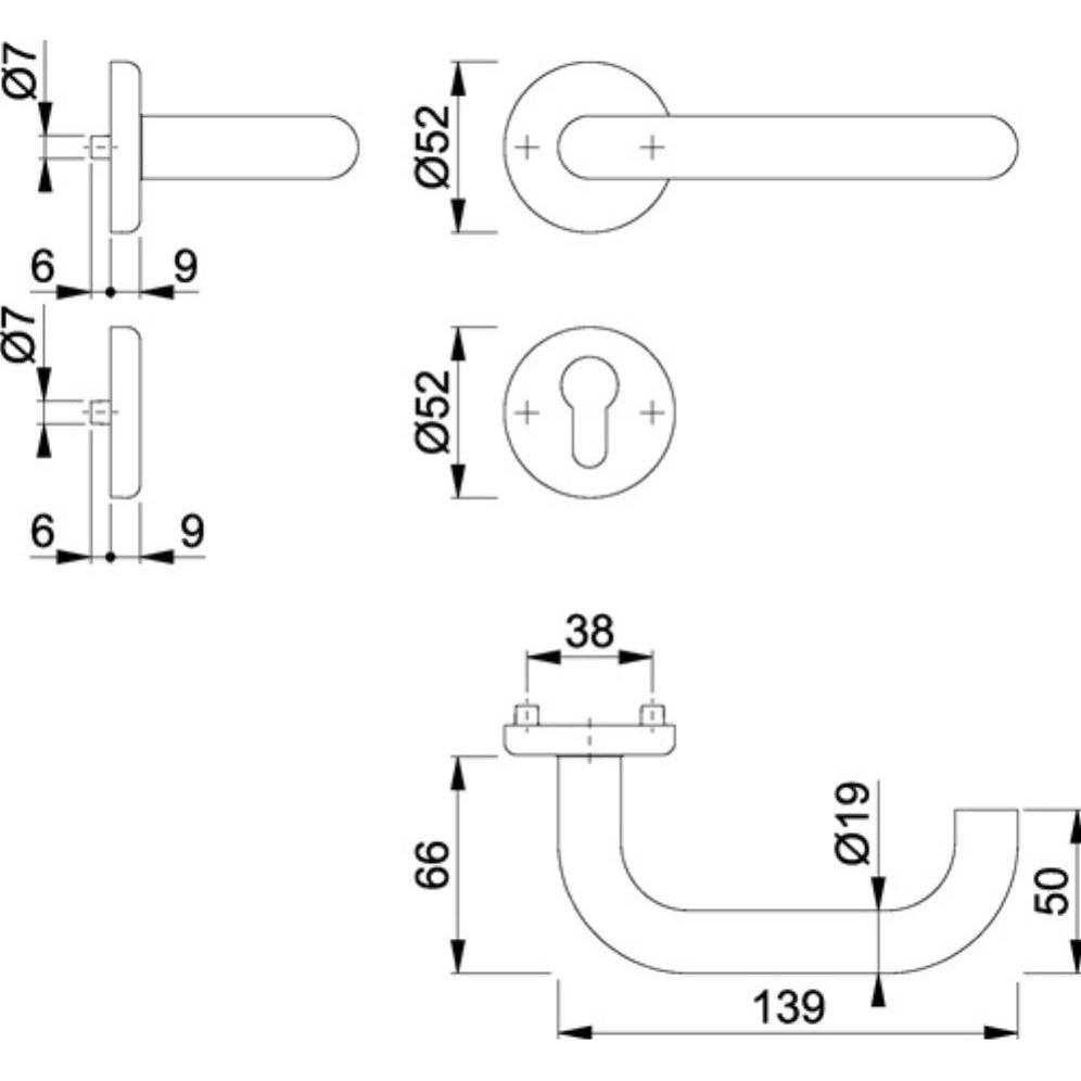 Thumbnail - Hoppe, Türgriff + Fenstergriff, Rosettengarnitur Baden E1388Z/17KV/17KVS Edelstahl F69 rund PZ DIN links / rechts D/D (T...